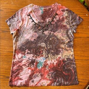 Cato Multicolor Artistic Paisley Beaded Short Sleeve Top Large L